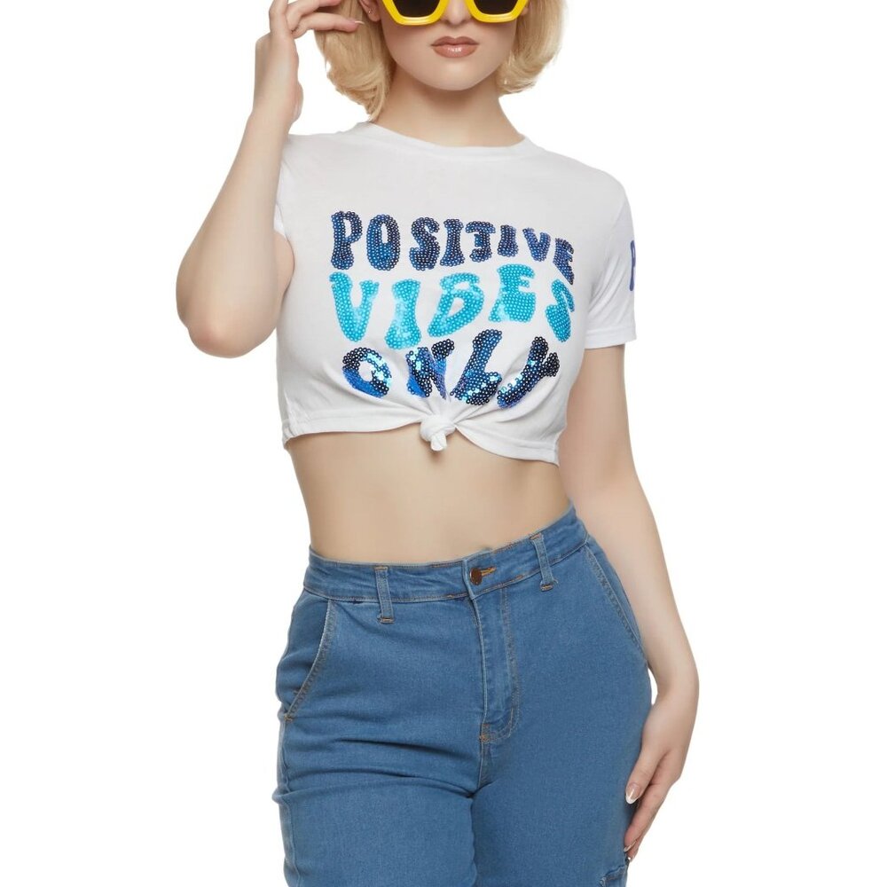ON FIRE Positive Vibes Only Sequin‎ Knot Front Crop Top In White - Size XL